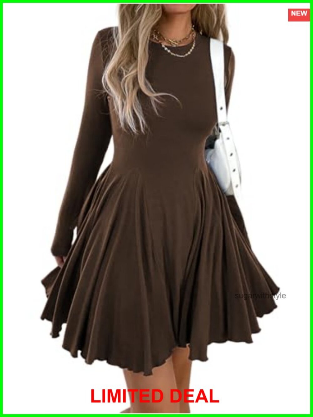 Women's Long Sleeve A-Line Skater Mini Dress Stretchy Fit Flare
